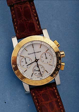 GIRARD PERREGAUX ARMBANDCHRONOGRAPH , 7700, SCHWEIZ, UM 1994, EDELST. POL., PROFILDRüCKER,KRONE, SOWIE LüNETTE HARTVERG., ORIG.-LEDERB. M. ...