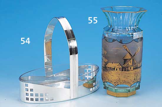 VASE, SCHEIBE, 30ER JAHRE, FARBLOSES GLAS, H. 20.5 CM, FACETTIERT, REICH BEMALT, ...