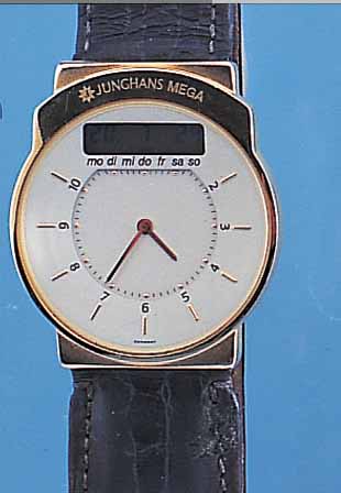 JUNGHANS HERRENARMBANDUHR, MEGAQUARTZ, DEUTSCHLAND UM 1990, METALL HARTVERG., EDEL- ST.-BODEN, LEDERB., KOMB. ANALOG U. DIGITAL- ANZ., ...