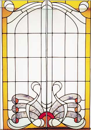 PAAR SCHEIBEN, UM 1930, BUNTE GLASEINSäTZE, L. ALTERSSCHäDEN, MESSING-FASSUNGEN, MIN. RISSIG, 107 X 34 CM