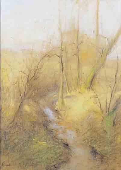 HUTH, FRANZ, 1876-1970, HERBSTLICHE WALDLANDSCHAFT MIT BACHLAUF, PASTELL/PAPIER, LI. U. SIGN. UND DAT. 1954, CA. 40 X 32 ...