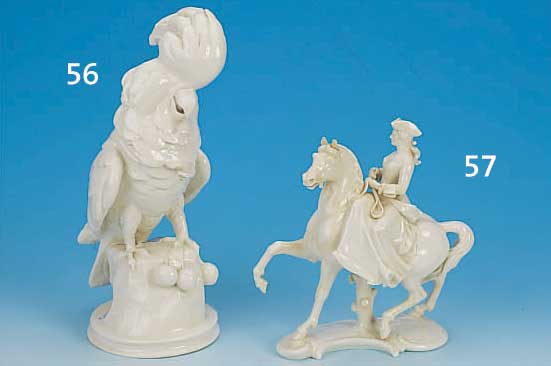 PORZELLANFIGUR, NYMPHENBURG, 20ER J., SOG. KNOCHENPORZELLAN, REITERIN ZU ROSS, 1 OHR GE- KLEBT, H. 22,5 CM, L. 17 CM