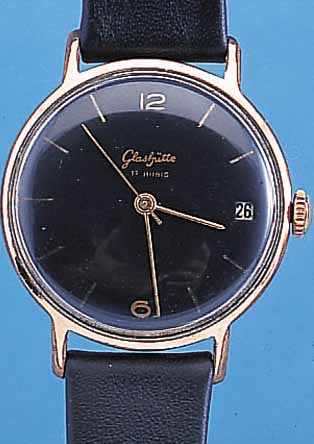 GLASHÜTTE HERRENARMBANDUHR, REF.-NR. 166776,DEUTSCHLAND UM 1965, METALL ROSE VERG., BER., EDELST.-BODEN GEDR., HANDAUFZUGKAL. 69,1, RINGUNR., ...