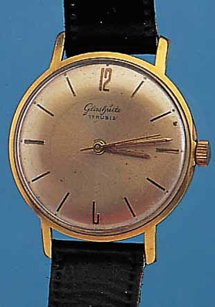 KONVOLUT: 3 GLASHÜTTE HERRENARMBANDUHREN, DEUTSCHLAND UM 1965, ALLE 17 ST., HANDAUFZUG, ALLE METALL VERG., EDELST.-BöDEN GEDR., LEDER-B. NEU, 2X ...