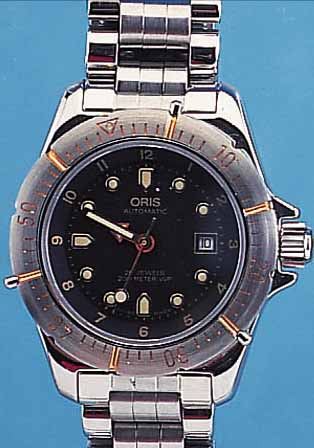 ORIS DAMENARMBANDUHR, DIVERS, AUTOMATIK, STAHLGEH. M. STAHLBAND, DREHB. TAUCHERLüNETTE,BODEN U. KRONE VERSCHR., AB HERST. BIS 200 M WASSERDT., ...