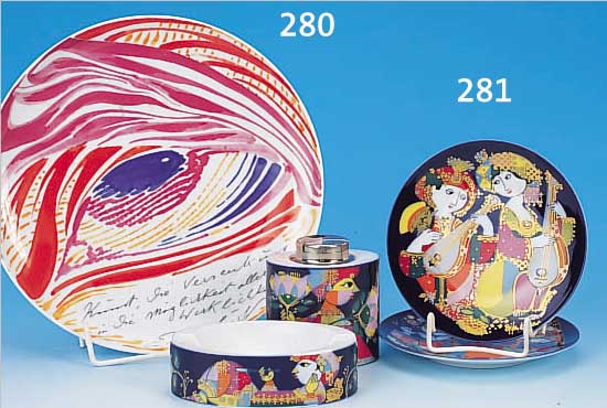 KüNSTLERTELLER ERNST FUCHS, 70ER J., ROSENTHAL, STUDIO-LINE, PORZELLAN, BUNTE BE- MALUNG, LIM. U. NUM. 5000/1214, D. 26 CM