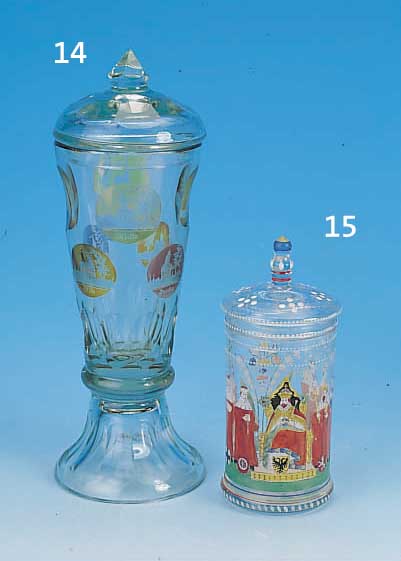 DECKELGEFäß, DEUTSCH, UM 1890, GLAS, MIT EMAILBEMALUNG, H. 16 CM, KONSTANZER KONZIL 1616, UMKREIS HECKERT