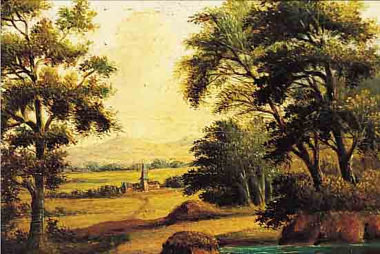 UNBEKANNTER MALER, 1. HäLFTE 19. JH., ROMANTISCHE LANDSCHAFT MIT DORFANSICHT, ÖL/HOLZ, CA. 25 X 28 CM, R.
