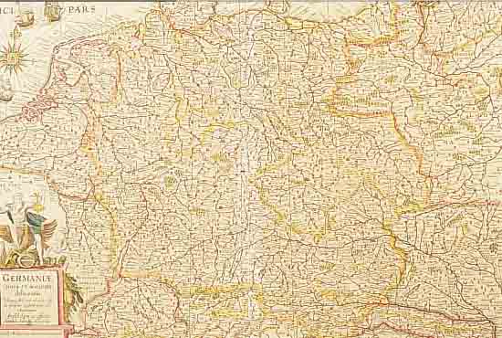 DEUTSCHLANDKARTE VON HONDIUS, 1631, DOPPELBLATT MIT BUGFALTE, SEKUNDäR KOLORIERT, CA. 34,5 X 48 CM, PP, U.GL., R.