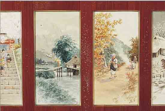 OMURA, H., JAPANISCHER KüNSTLER UM 1900, , VIER KLEINE AQUARELLE, VIER JAHRESZEITEN, ALLE HANDMONOGRAMMIERT, JE CA. 18,5 X 9 CM, U.GL., IN ...