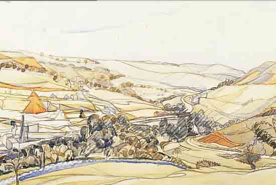 SABBAGH, GEORGES HANNA, 1877-1951, HüGELIGE LANDSCHAFT, AQUARELL/PAPIER, LI. U. SIGN., CA. 32 X 50 CM, PP, U.GL., R.