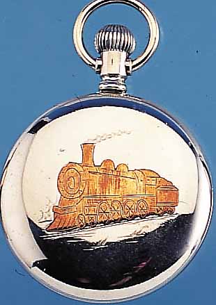 LANCO HERRENTASCHENUHR, SOGEN. EISENBAHNER, SCHWEIZ UM 1910, NICKELSCHRAUBGEH., RüCKS. IM ZENTRUM VERG. DARST. EINER DAMPFLOK, EMAILBL. SIGN., ...
