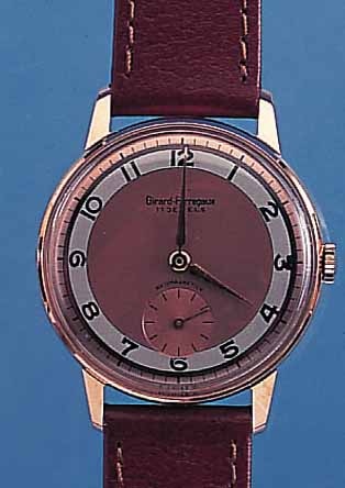 GIRARD PERREGAUX HERRENARMBANDUHR, REF.-NR. 9655NF, SCHWEIZ UM 1952, METALL ROSE VERG., EDELST.-BODEN U. GLASR. GEDR., KUPFERFARB. BLATT (L. ...