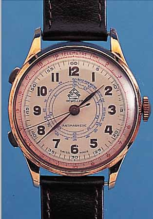 ROCAR SCHEINARMBANDCHRONOGRAPH, SCHWEIZ UM 1940, METALL VERG., ORIG.-BLATT M. TELEMETER- AUßEN- U. TACHYMETERINNENSKALA, ROSKOPFTYP. WERKAUFBAU, ...
