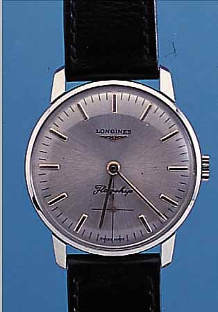 LONGINES HERRENARMBANDUHR, REF.-NR. 8239/5, SCHWEIZ UM 1969, EDELST., BODEN U. GLASR. GE- DR., BLATT REST. (FLAGSHIP IST FEHLDRUCK), 17 ST., ...