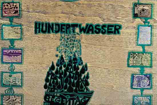 HUNDERTWASSER, FRIEDENSREICH, EINBAND DER REGENTAG-MAPPE, HOLZ BUNT BEDRUCKT, INNEN HANDSIGN. UND NUM. 2625/3000, GUTER ZUSTAND