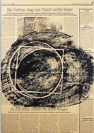 DROESE, FELIX, GEB. 1952, DER DOPPELTE MITTELPUNKT, BEDRUCKTES ZEITUNGS-PAPIER, 1989, HANDSIGNIERT UND BETITELT, CA. 47 X 31 CM