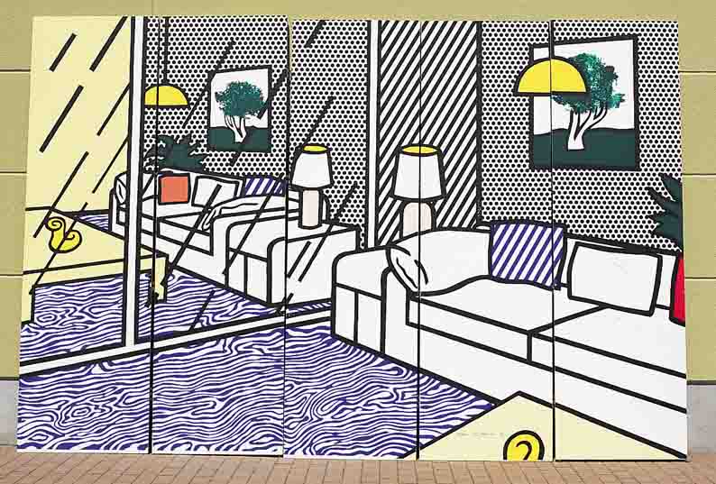 LICHTENSTEIN, ROY, 1923 - 1997, INTERIOR WITH MIRRORED WALL, 5-TLG. FARBSERI- GRAPHIE, AUF ALUMINIUM AUFGEZOGEN, AUF DEM VIERTEN TEIL ...