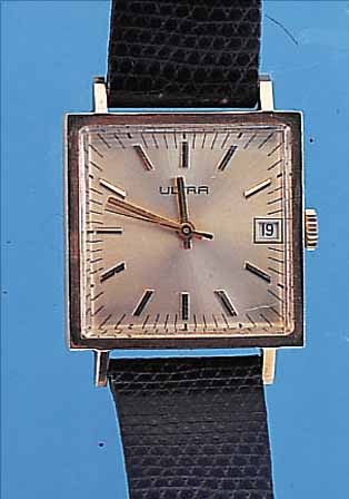 ULTRA HERRENARMBANDUHR, SCHWEIZ/DEUTSCHLAND UM 1977, GG 585/000-CARREE-FORM, 17 ST., RUNDANKERW., ETA KAL. 2763, INCABL., LEDERB., MAßE üBER ...