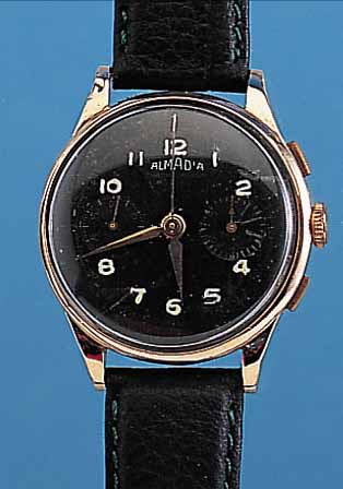 ALMADA ARMBANDCHRONOGRAPH, SCHWEIZ UM 1949, RG 750/000, ERS. BODEN IN RG 585/000, GLASR. GEDR., BLATT FL., 17 ST., HANDAUFZUGKAL. LANDERON 51, ...