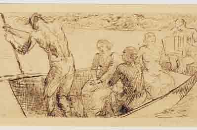 SCHINNERER, ADOLF FERDINAND, 1876-1949, BOOTSPARTIE, RADIERUNG, HANDSIGNIERT, RüCKSEI-TIG MIT HANDSCHRIFTLICHER WIDMUNG, CA. 10 X 19,5 CM, ...