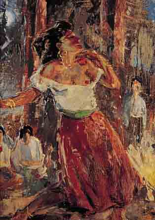 WANSCHAP, HELMUT, 1911 - 1987, TANZENDE ZIGEUNERIN AM LAGERFEUER, ÖL/MALKAR- TON, LI. U. SIGN., CA. 65 X 50 CM, R.