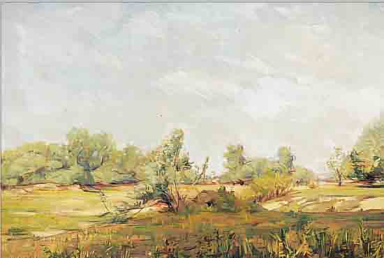 FIEDLER, HANS, GEB. 1903 DUISBURG, DüSSELDORFER SCHULE, WEITE LANDSCHAFT MIT DORF IM HINTERGRUND, ...