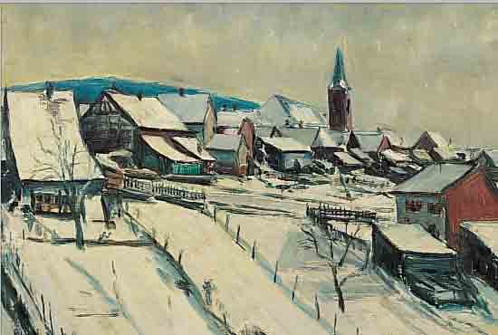 BERKEL, HEINZ, GEB. 1911, WINTERLICHE VERSCHNEITE DORFANSICHT, ÖL/ MALKARTON, RE. U. SIGN. UND DAT. 59, CA. 50 X 65 CM, ...