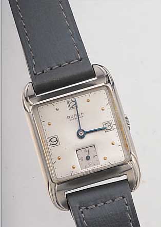 BUREN HERRENARMBANDUHR GRAND PRIX, REF.-NR. 241210, SCHWEIZ UM 1945, EDELST., KONKAVGL., ZEITIDENT. LEDERB., WOHL ALTER LAGERBEST., BODEN GEDR., ...