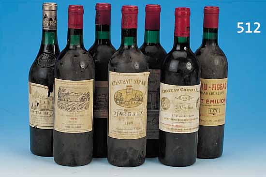 7 FLASCHEN ROTWEIN: CHATEAU-FIGEAC, PREMIER GRAND CRU CLASSé, 1970; CHATEAU CHEVAL BLANC, 1974, GRAND CRU CLASSE, CHATEAU SIRAN, GRAND CRU ...