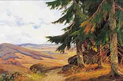 BELL, ARTHUR, DüSSELDORF 1876-1966, HüGELIGE LANDSCHAFT MIT GROßEN TANNEN, ÖL/LWD, RE. U. SIGN., CA. 45 X 60 CM, R.
