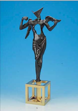 DALI, SALVADOR, DER SURREALISTISCHE ENGEL, BRONZEFIGUR AUF MESSINGSOCKEL, PATINIERT, NUM.1182/1500, PARIS 1984, HöHE CA. 55 CM, MIT ZERTIFIKAT ...