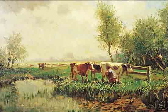 UNBEKANNTER KüNSTLER, 1. HäLFTE 20. JH., ÖL/LWD., 50 X 70 CM, RAHMEN, KüHE AUF DER WEIDE MIT BAUER BEIM MELKEN