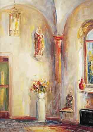 HANMANN, KARL, MITTE 20. JH., MANNHEIMER MALER, ÖL/STOFF, 77 X 62 CM, RAHMEN, INTERIEUR MIT MADONNEN- SKULPTUR