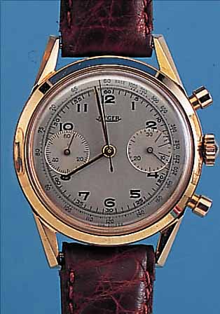 JAEGER ARMBANDCHRONOGRAPH, SCHWEIZ UM 1965, NEUTR. METALLGEH. ROSEVERG., EDELST.-BODEN GE-SCHR., VERS. BLATT, 30-MIN.-STOPPZäHLER, ...