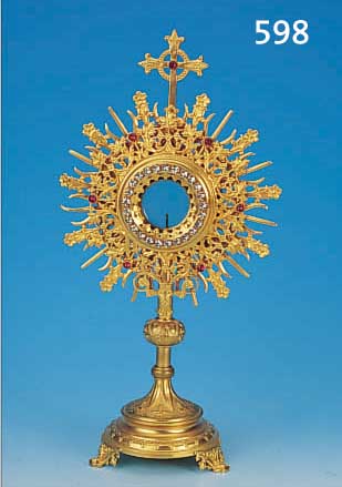 MONSTRANZ, FRANKREICH, UM 1890, METALL VERGOLDET, FEINER GUß, Z.T. GESTANZT PUNZIERT UND GRAVIERT, MIT STRASS- UND GLAS- STEINCHEN ...