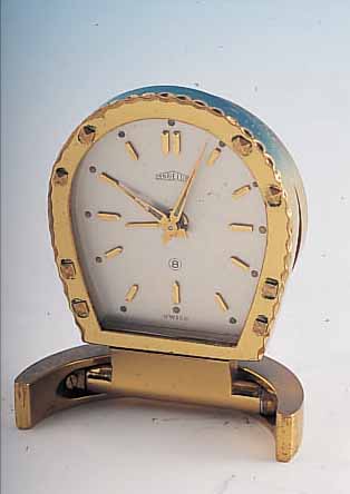 ANGELUS TISCHWECKERCHEN, REF.-NR. 927, SCHWEIZ UM 1960, MESSING VERG., BER., BLATT VERS., AUFGEL. GOLD-STD.-ZEICHEN, ANTRIEB FüR GEH.- ...