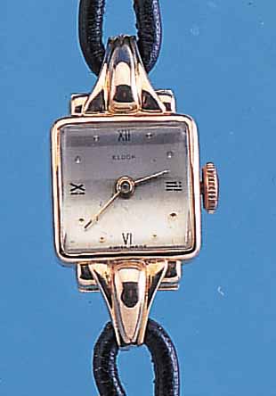 ELDOR DAMENARMBANDUHR, SCHWEIZ UM 1948, ROSE-G. 750/000, LEDERKORDELBAND SPäTER, BODENGEDR., FORMANKERW., 17 ST., HANDAUFZUG, NOCH OHNE ...