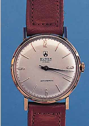 BUREN HERRENARMBANDUHR GRAND PRIX, REF.-NR. 27, SCHWEIZ UM 1948, FüR DEN SüDAMERIKANISCHENMARKT, GEH. HANDGEFERT., BODEN U. GLASR. GE- DR., 17 ...