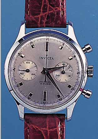 INVICTA ARMBANDCHRONOGRAPH, REF.-NR. 621001,SCHWEIZ UM 1962, LEDERB. SPäTER, ORIG.-ETUI, METALL HARTVERCHR., 45-MIN.-STOPPZäHLER, WERK ...