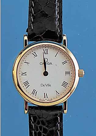 OMEGA DAMENARMBANDUHR DE VILLE, REF.-NR. 5951378, SCHWEIZ UM 1992, GG 750/000, FLACH/ ELEGANT, BAND M. OMEGASTIFTSCHL., SAPHIRFLACH-GL., ...