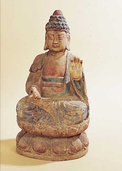BUDDHASKULTUR, CHINA, 18./19. JH., HOLZ GESCHNITZT, AUF DOPPELTEM LOTUSTHRON, RESTE BUNTER FARBFASSUNG, LEICHT BESCH., H. CA. 74 CM