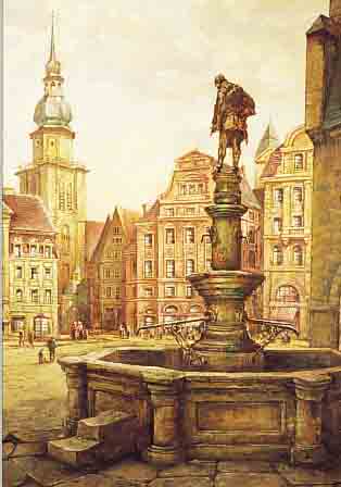 BECKER, OSKAR, DüSSELDORFER MALER DER 1. HäLF-TE DES 20. JH., ALTSTADTSZENERIE, MARKT- PLATZ, KIRCHE U. REICHE PERSONENSTAFFAGE, VERMUTLICH ...
