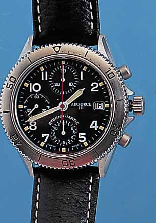 ETERNA ARMBANDCHRONOGRAPH AIRFORCE III, REF.-NR. 840841/B077, SCHWEIZ 2000, EDELST. SAT., TEILW. POL., LüNETTE EINS. RAST. DREHB.,BOMB. ...