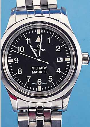ORFINA HERRENARMBANDUHR MILITARY MARK II, REF.-NR. 6190, SCHWEIZ UM 1997, EDELST. SAT., EDELST.-BAND M. SICHERHEITSFALTSCHL., SOGEN. FLIEGERUHR, ...