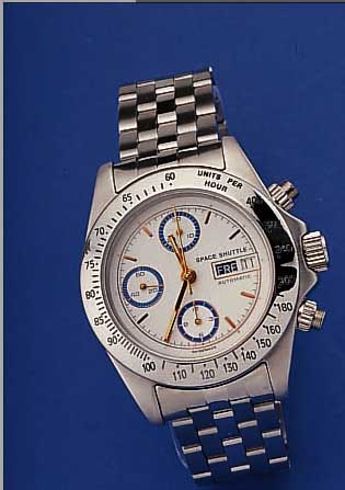 ORFINA ARMBANDCHRONOGRAPH SPACESHUTTLE, SCHWEIZ UM 1998, EDELST. POL., OBERFL. WIE EDELST.-BAND TEILW. SAT., BODEN, DRüCKER U. KRONE ...