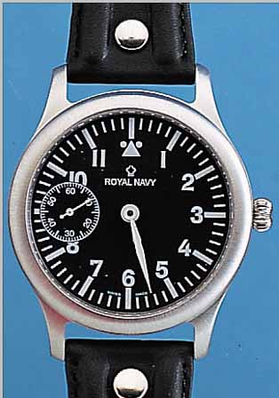 ORFINA FLIEGERUHR ROYAL NAVY, REF.-NR. 6581,SCHWEIZ 1999, EDELST. SAT., SAPHIRFLACHGL., KONTRASTZIFFERBL., KL. SEK. BEI 9, 17 ST., HANDAUFZUG, ...