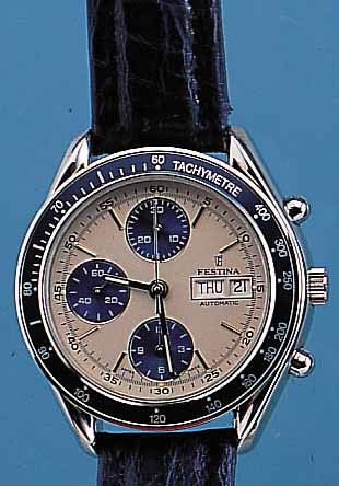FESTINA ARMBANDCHRONOGRAPH AUTOMATIK, REF.- NR. 5258, SCHWEIZ UM 1995, EDELST. POL., UNGE-TR. LAGERW., BODEN U. KRONE GESCHR., BEI FERTIGST. ...