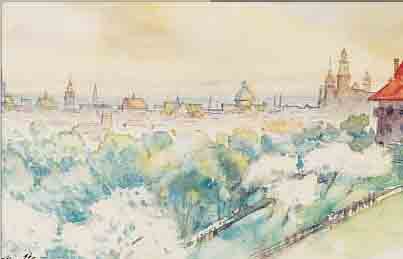 CHEMANOWSKI, DATIERT 1940, BLICK üBER KRAKAU, AQUARELL/PAPIER, LI. U. SIGNIERT, BEZ. UND DAT., CA. 8,5 X 16 CM