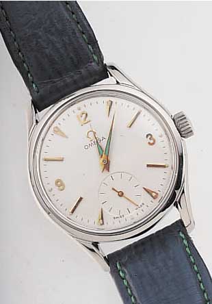 OMEGA HERRENARMBANDUHR, REF.-NR. 2639/6, SCHWEIZ UM 1951, EDELST., BODEN GESCHR. (ZUR ZEIT VERGL., ORIG.-BODEN ANBEI), WERK VERG., 15 ST., ...